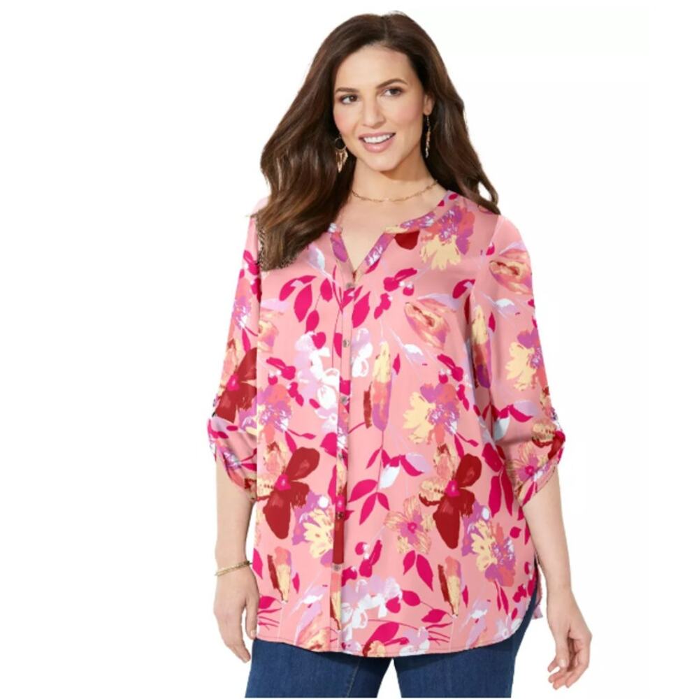 Catherines Women's Plus Size Breezeway Georgette Blouse Sweet Coral Floral 2X